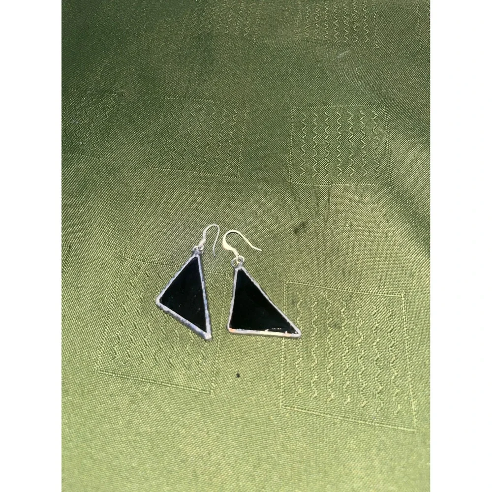 Handmade Black Stained Glass Triangle Drop Earrings Geometric Minimalist Art